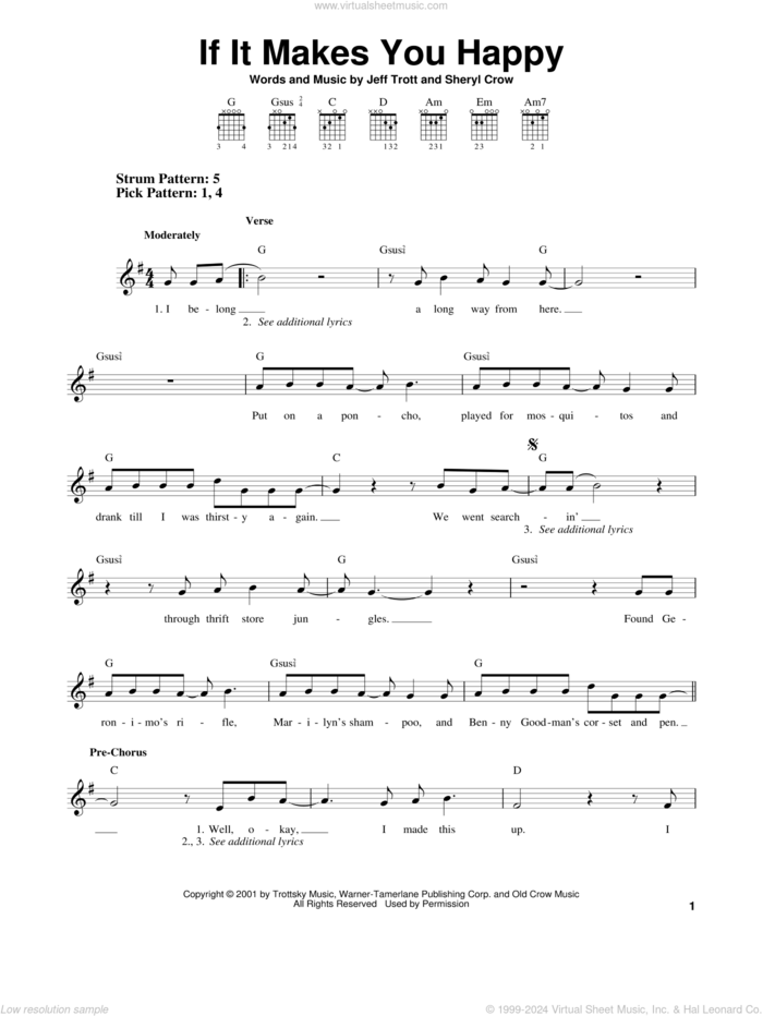 If It Makes You Happy sheet music for guitar solo (chords) by Sheryl Crow and Jeff Trott, easy guitar (chords)