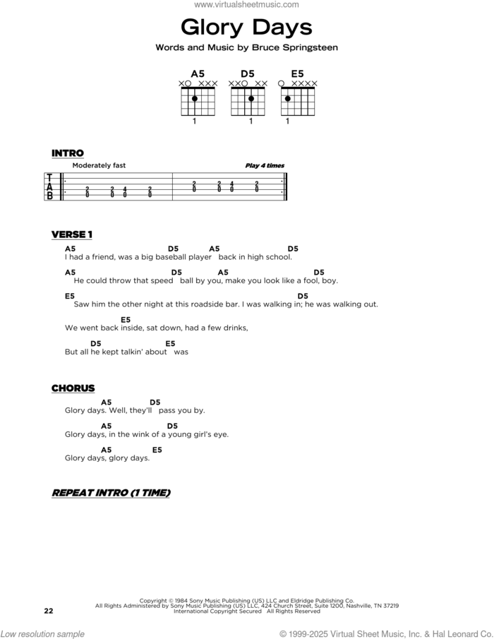 Glory Days sheet music for guitar solo by Bruce Springsteen, beginner skill level