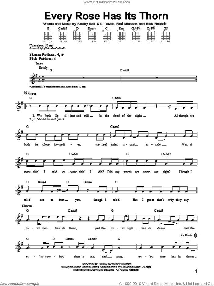 Every Rose Has Its Thorn sheet music for guitar solo (chords) by Poison, Bobby Dall, Bret Michaels, C.C. Deville and Rikki Rockett, easy guitar (chords)