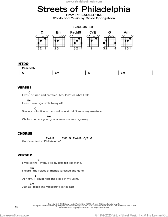 Streets Of Philadelphia (from Philadelphia) sheet music for guitar solo by Bruce Springsteen, beginner skill level