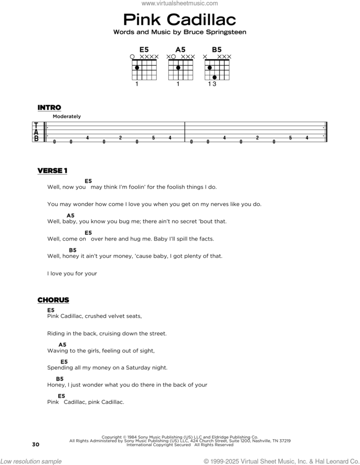 Pink Cadillac sheet music for guitar solo by Bruce Springsteen, beginner skill level