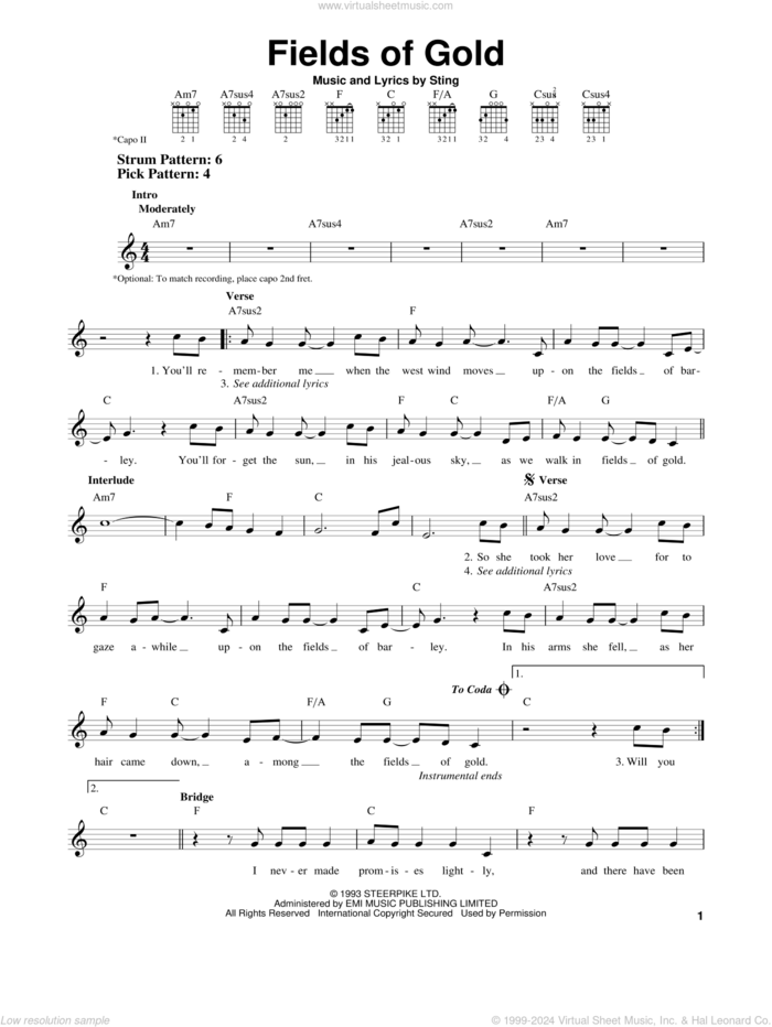 Fields Of Gold sheet music for guitar solo (chords) by Sting, easy guitar (chords)