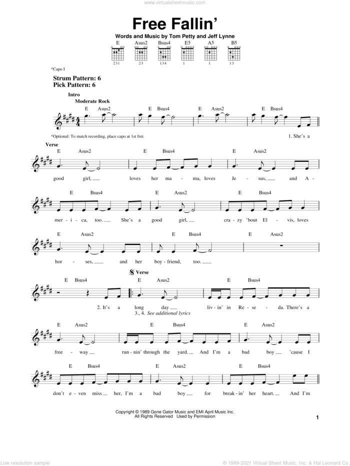 Free Fallin' sheet music for guitar solo (chords) by Tom Petty and Jeff Lynne, easy guitar (chords)