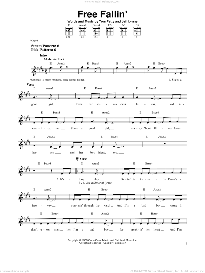 Free Fallin' sheet music for guitar solo (chords) by Tom Petty and Jeff Lynne, easy guitar (chords)