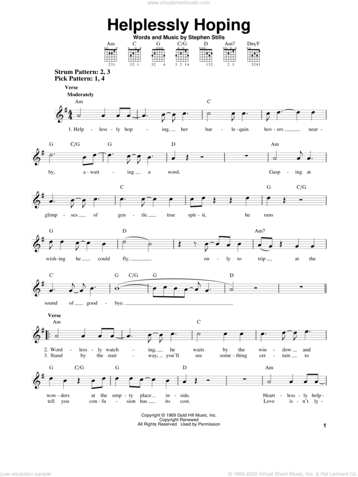 Helplessly Hoping sheet music for guitar solo (chords) by Crosby, Stills & Nash and Stephen Stills, easy guitar (chords)