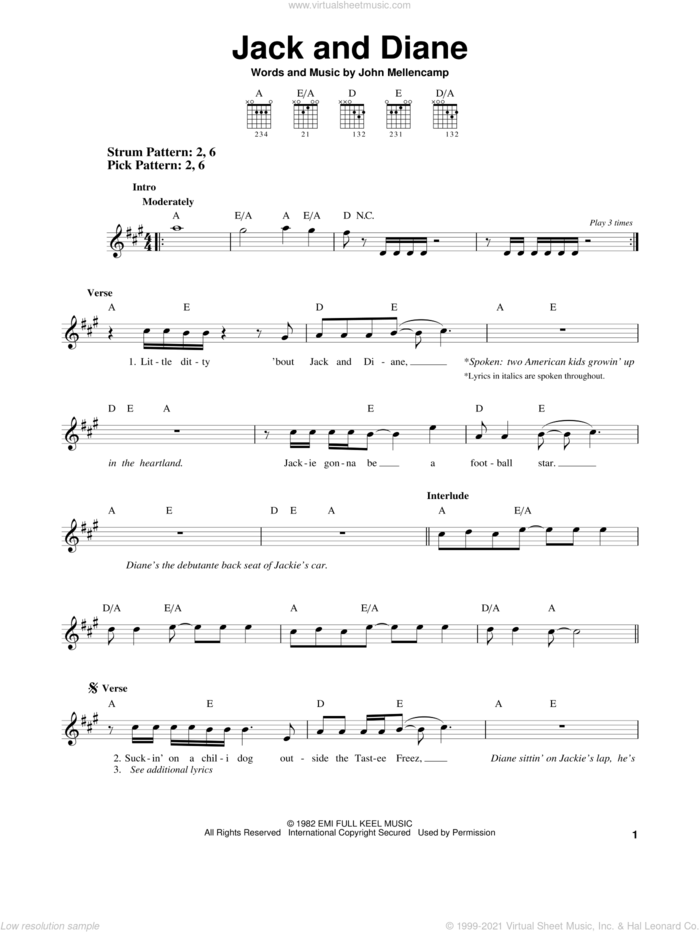 Jack And Diane sheet music for guitar solo (chords) by John Mellencamp, easy guitar (chords)