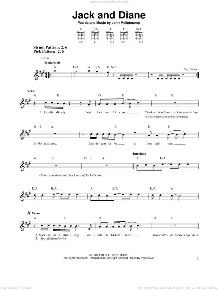 Jack And Diane sheet music for guitar solo (chords) by John Mellencamp, easy guitar (chords)