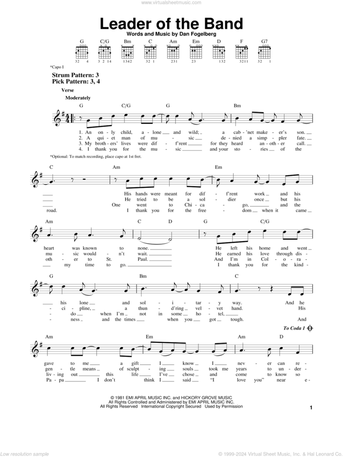 Leader Of The Band sheet music for guitar solo (chords) by Dan Fogelberg, easy guitar (chords)