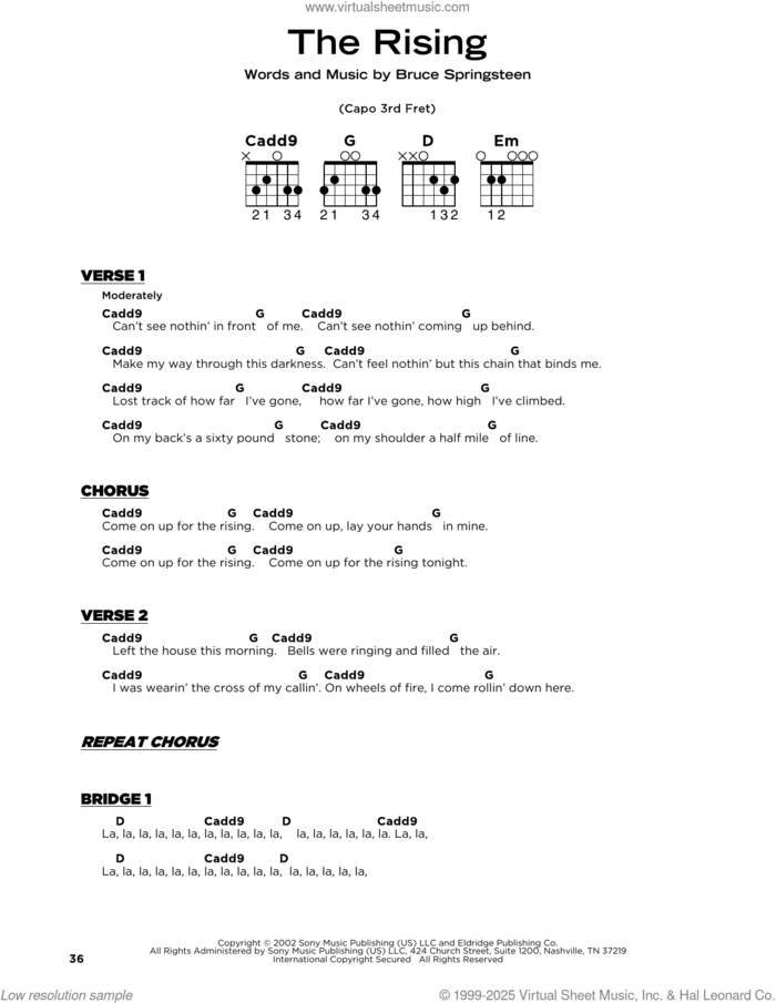 The Rising sheet music for guitar solo by Bruce Springsteen, beginner skill level