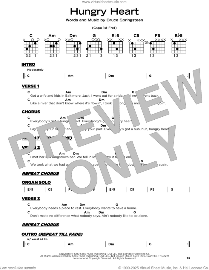 Hungry Heart sheet music for guitar solo by Bruce Springsteen, beginner skill level
