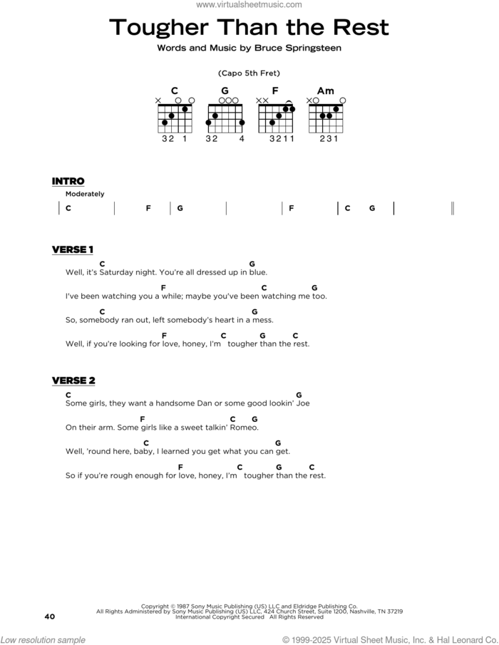 Tougher Than The Rest sheet music for guitar solo by Bruce Springsteen, beginner skill level
