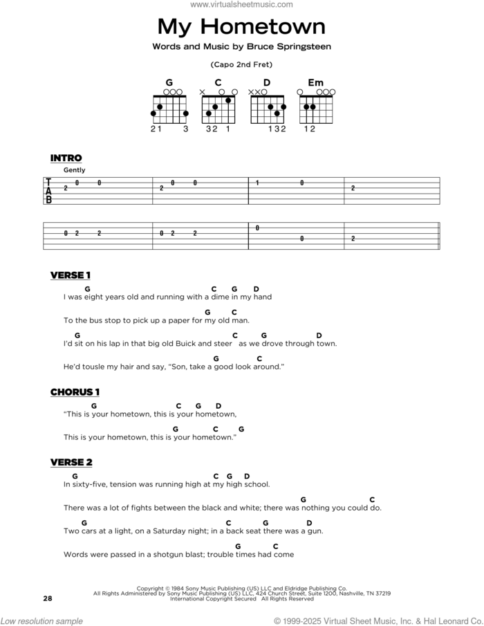 My Hometown sheet music for guitar solo by Bruce Springsteen, beginner skill level