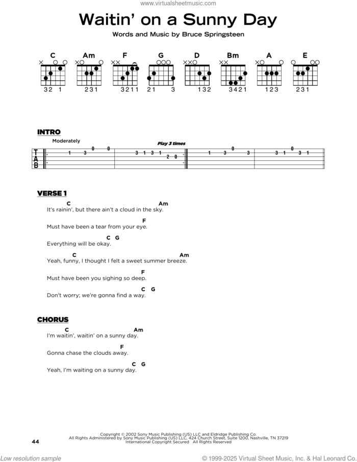 Waitin' On A Sunny Day sheet music for guitar solo by Bruce Springsteen, beginner skill level