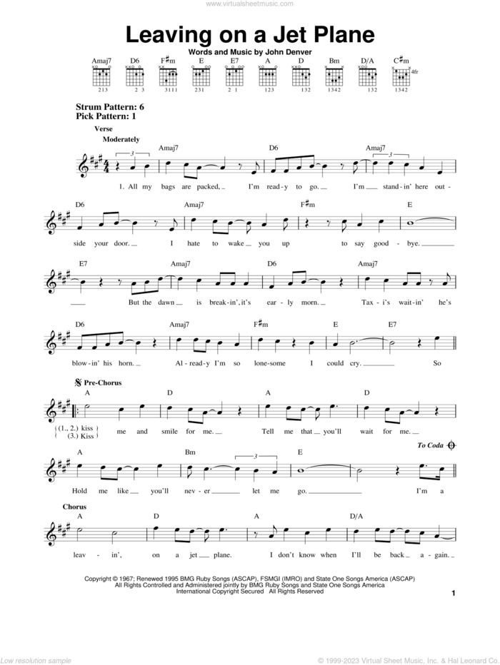 Leaving On A Jet Plane sheet music for guitar solo (chords) by John Denver and Peter, Paul & Mary, easy guitar (chords)