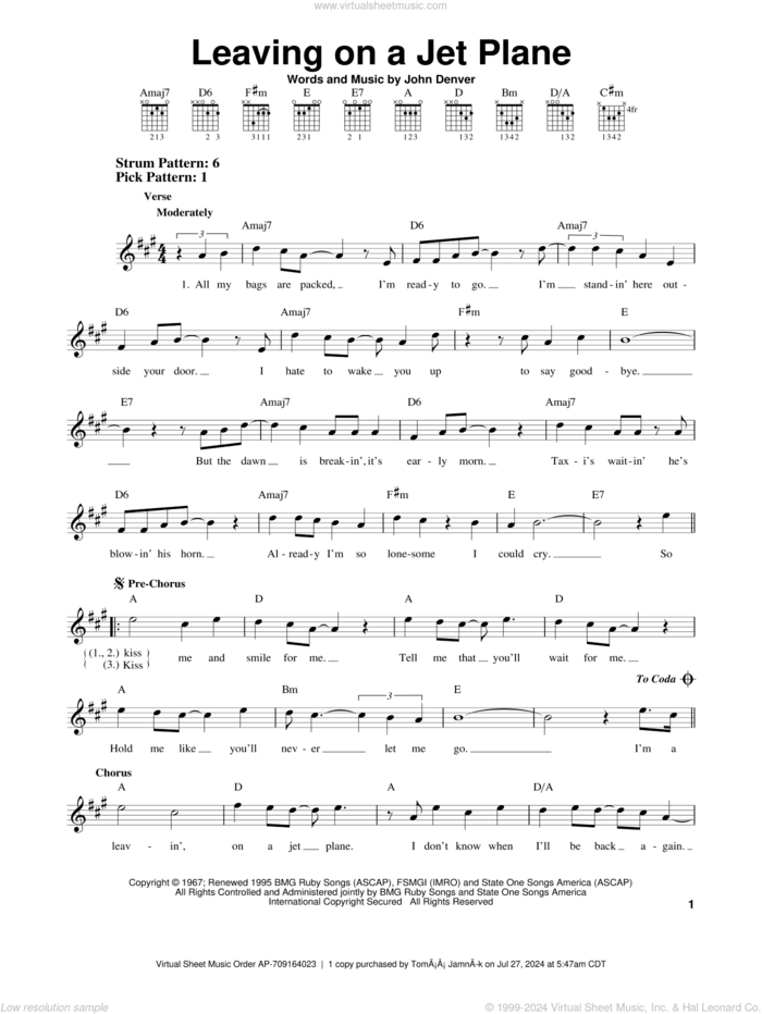 Leaving On A Jet Plane sheet music for guitar solo (chords) by John Denver and Peter, Paul & Mary, easy guitar (chords)