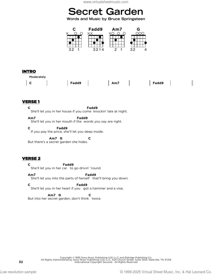 Secret Garden sheet music for guitar solo by Bruce Springsteen, beginner skill level