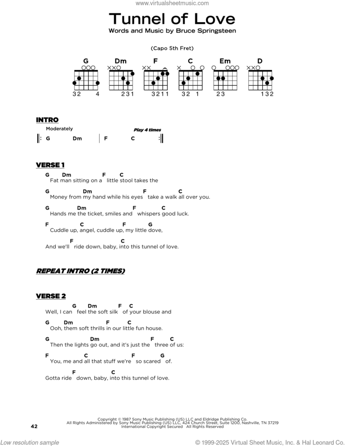 Tunnel Of Love sheet music for guitar solo by Bruce Springsteen, beginner skill level