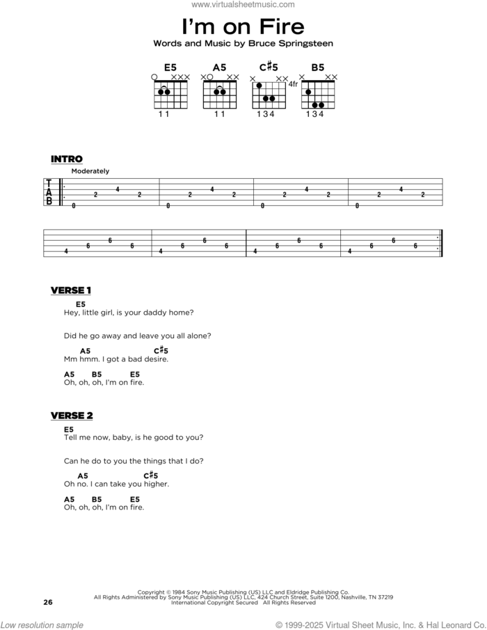 I'm On Fire sheet music for guitar solo by Bruce Springsteen and Awolnation, beginner skill level