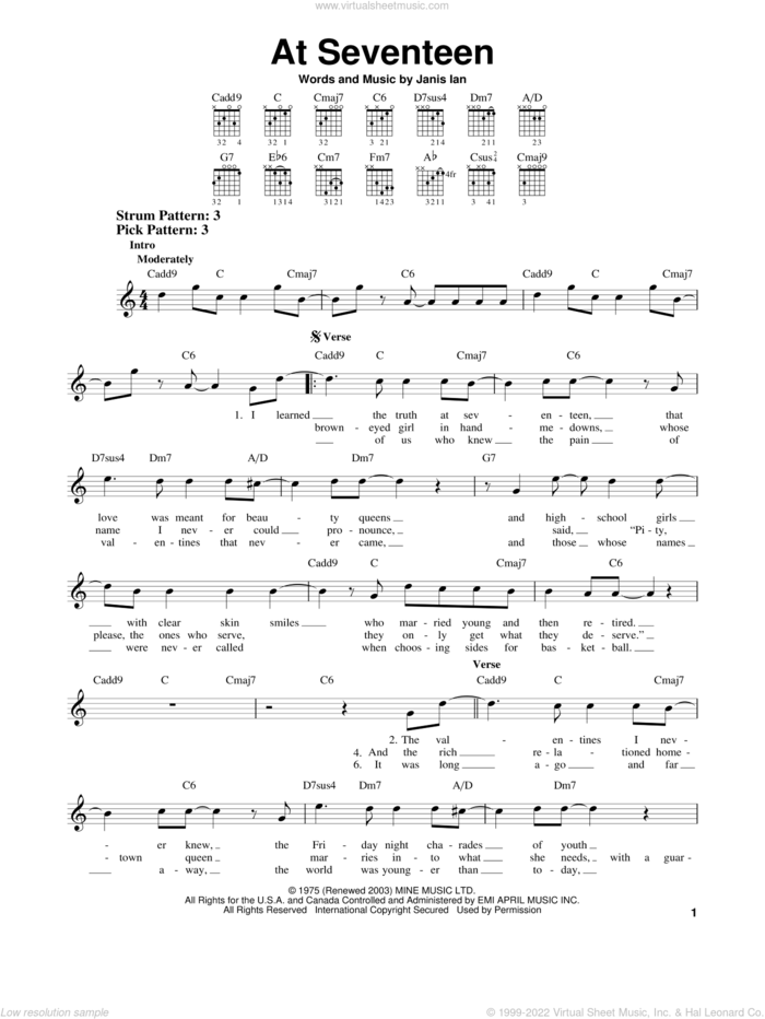At Seventeen sheet music for guitar solo (chords) by Janis Ian, easy guitar (chords)