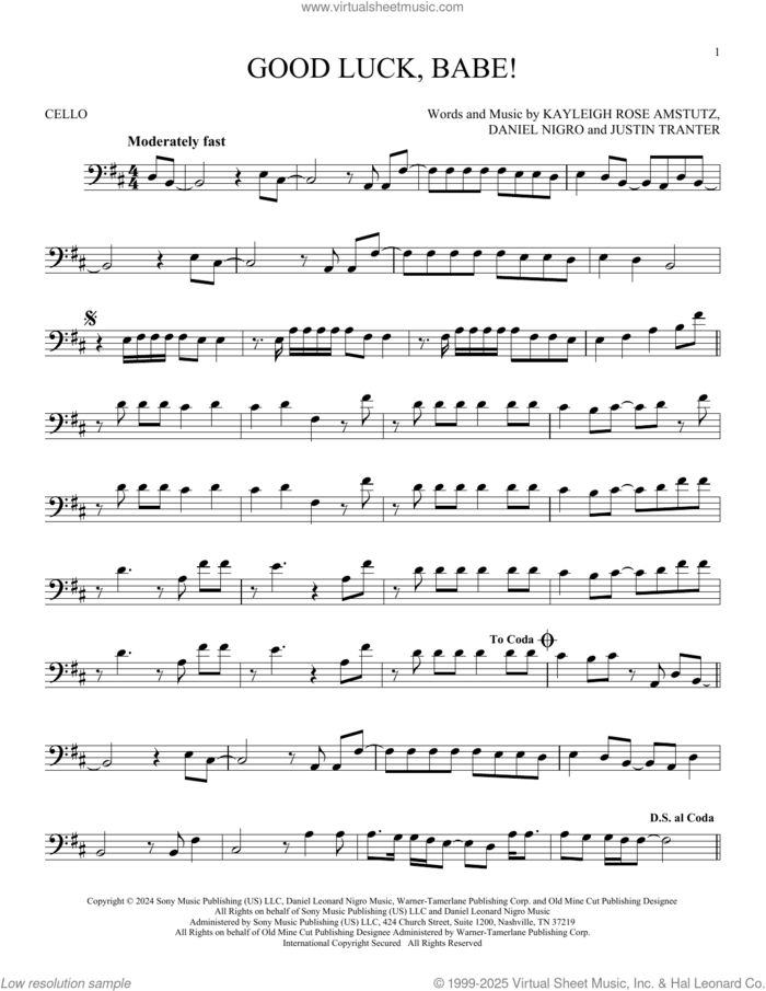 Good Luck, Babe! sheet music for cello solo by Chappell Roan, Daniel Nigro, Justin Tranter and Kayleigh Rose Amstutz, intermediate skill level