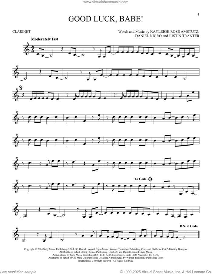 Good Luck, Babe! sheet music for clarinet solo by Chappell Roan, Daniel Nigro, Justin Tranter and Kayleigh Rose Amstutz, intermediate skill level