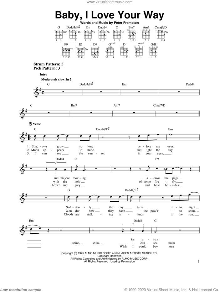 Baby, I Love Your Way sheet music for guitar solo (chords) by Peter Frampton, easy guitar (chords)