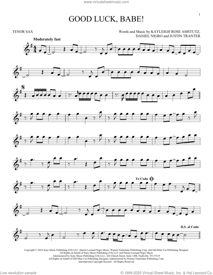 Good Luck, Babe! sheet music for tenor saxophone solo by Chappell Roan, Daniel Nigro, Justin Tranter and Kayleigh Rose Amstutz, intermediate skill level