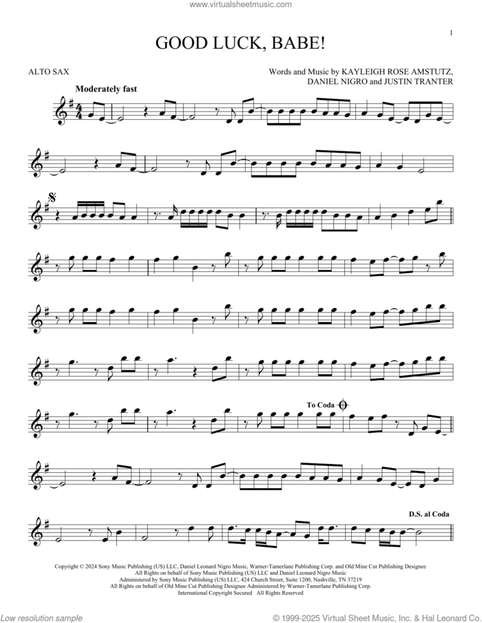 Good Luck, Babe! sheet music for alto saxophone solo by Chappell Roan, Daniel Nigro, Justin Tranter and Kayleigh Rose Amstutz, intermediate skill level