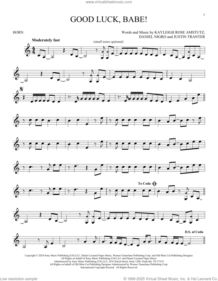 Good Luck, Babe! sheet music for horn solo by Chappell Roan, Daniel Nigro, Justin Tranter and Kayleigh Rose Amstutz, intermediate skill level