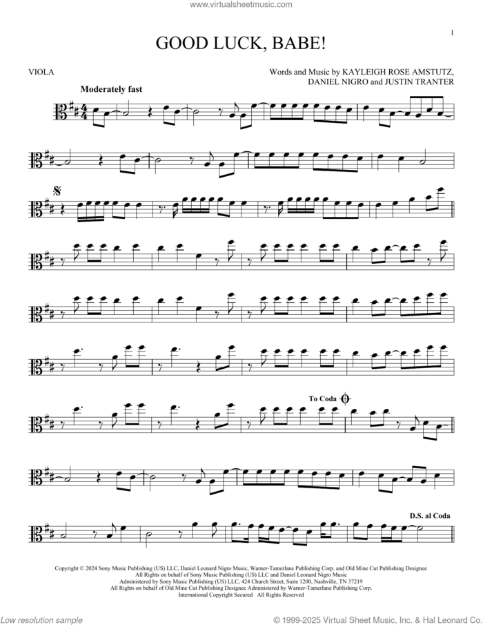 Good Luck, Babe! sheet music for viola solo by Chappell Roan, Daniel Nigro, Justin Tranter and Kayleigh Rose Amstutz, intermediate skill level