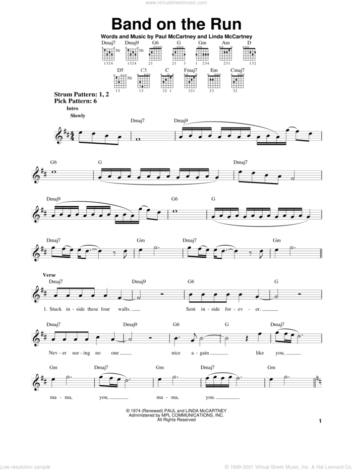 Band On The Run sheet music for guitar solo (chords) by Paul McCartney, Paul McCartney and Wings and Linda McCartney, easy guitar (chords)