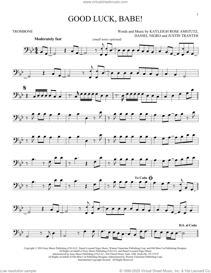 Good Luck, Babe! sheet music for trombone solo by Chappell Roan, Daniel Nigro, Justin Tranter and Kayleigh Rose Amstutz, intermediate skill level