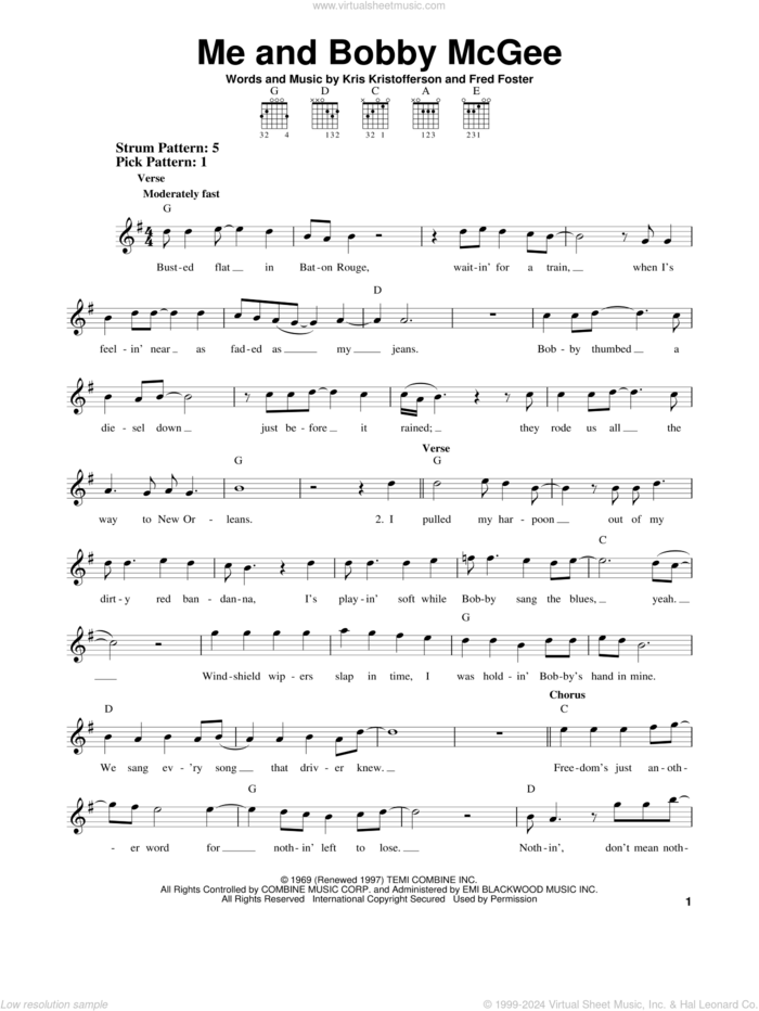 Me And Bobby McGee sheet music for guitar solo (chords) by Janis Joplin, Fred Foster and Kris Kristofferson, easy guitar (chords)