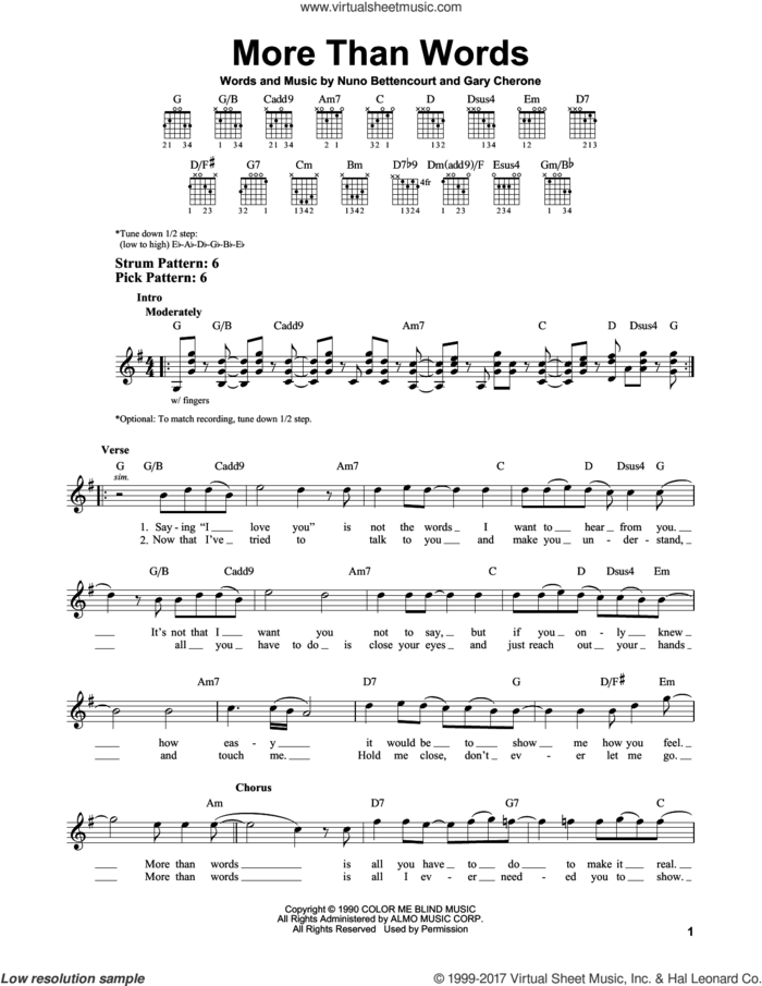 More Than Words sheet music for guitar solo (chords) by Extreme, Gary Cherone and Nuno Bettencourt, wedding score, easy guitar (chords)