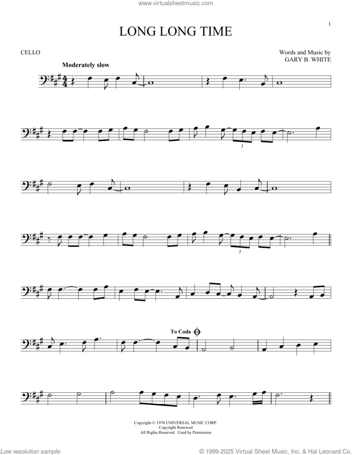 Long Long Time sheet music for cello solo by Linda Ronstadt and Gary B. White, intermediate skill level