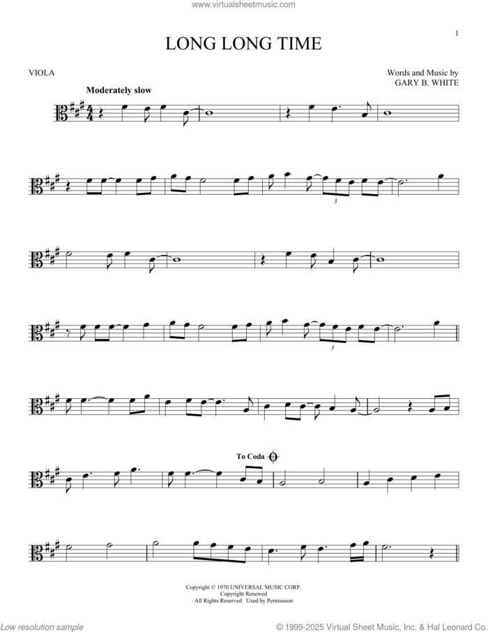 Long Long Time sheet music for viola solo by Linda Ronstadt and Gary B. White, intermediate skill level