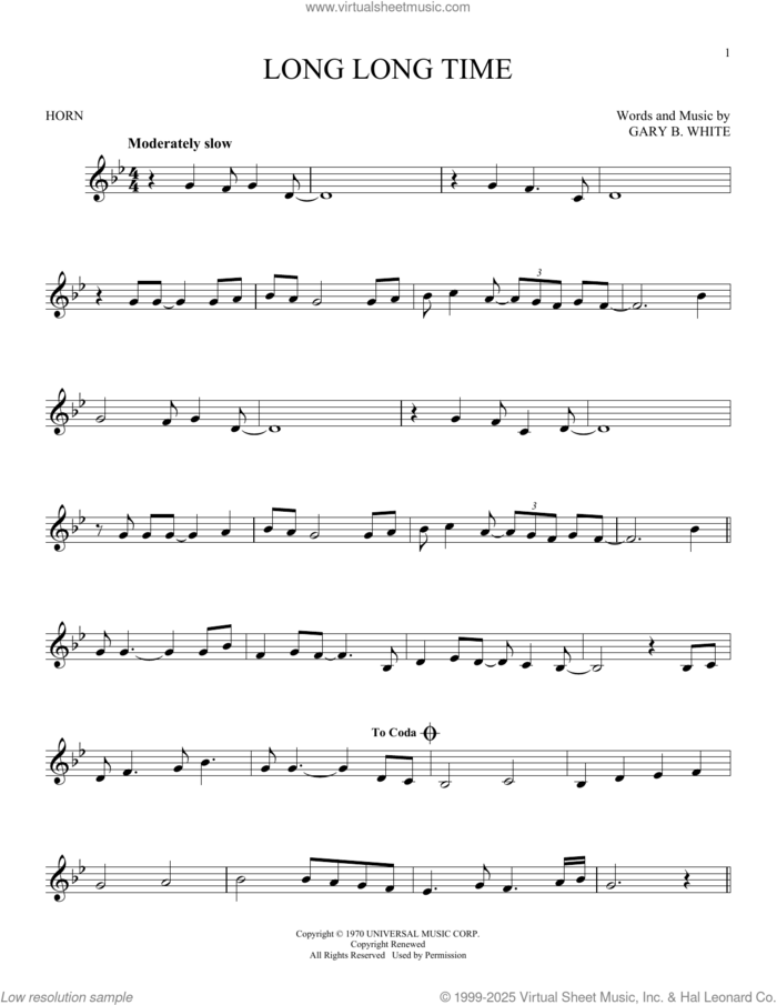 Long Long Time sheet music for horn solo by Linda Ronstadt and Gary B. White, intermediate skill level