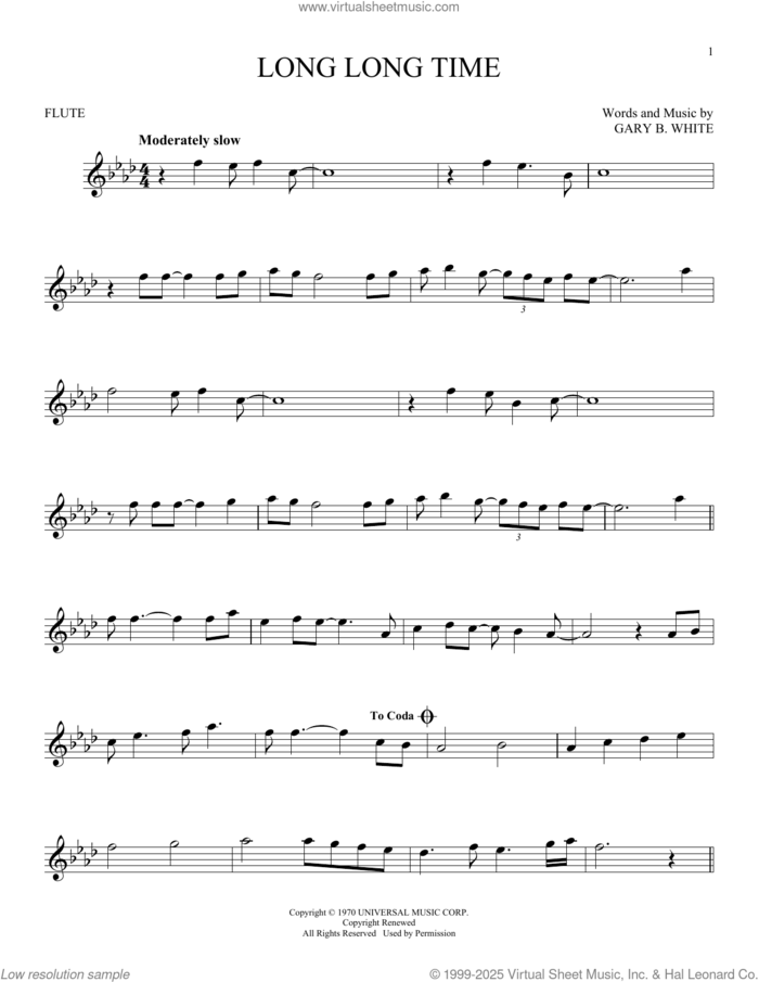 Long Long Time sheet music for flute solo by Linda Ronstadt and Gary B. White, intermediate skill level