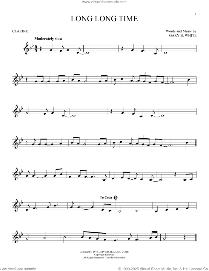 Long Long Time sheet music for clarinet solo by Linda Ronstadt and Gary B. White, intermediate skill level