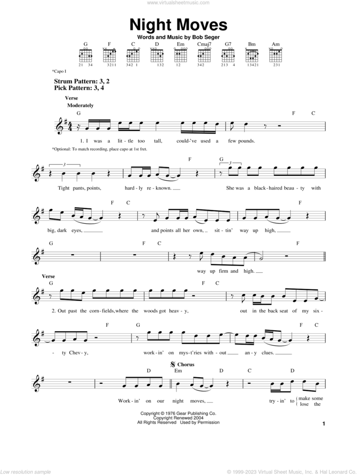 Night Moves sheet music for guitar solo (chords) by Bob Seger, easy guitar (chords)