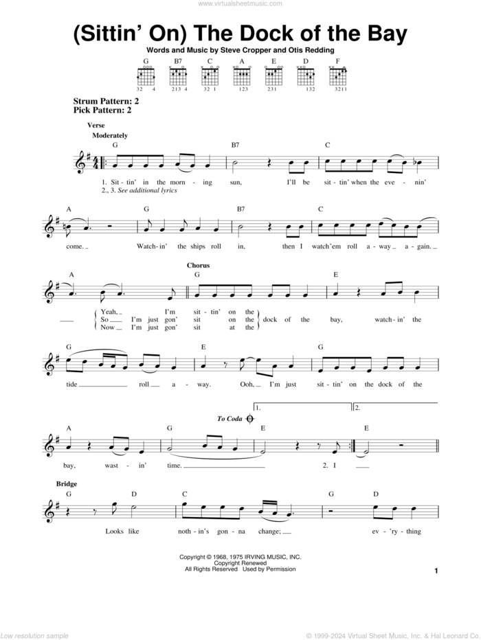 (Sittin' On) The Dock Of The Bay sheet music for guitar solo (chords) by Otis Redding and Steve Cropper, easy guitar (chords)