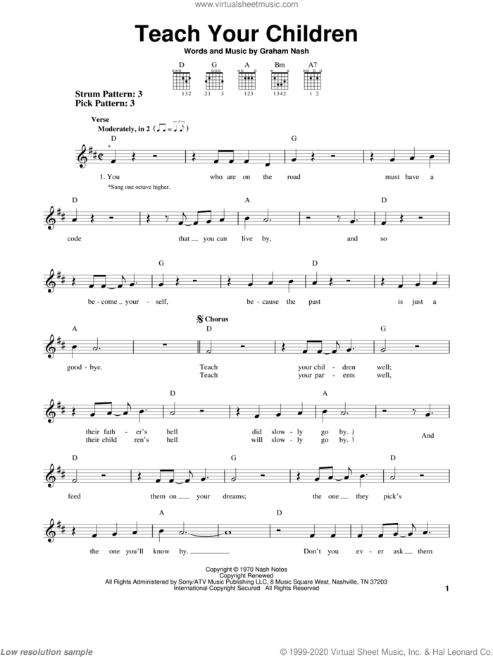 Teach Your Children sheet music for guitar solo (chords) by Crosby, Stills, Nash & Young and Graham Nash, easy guitar (chords)
