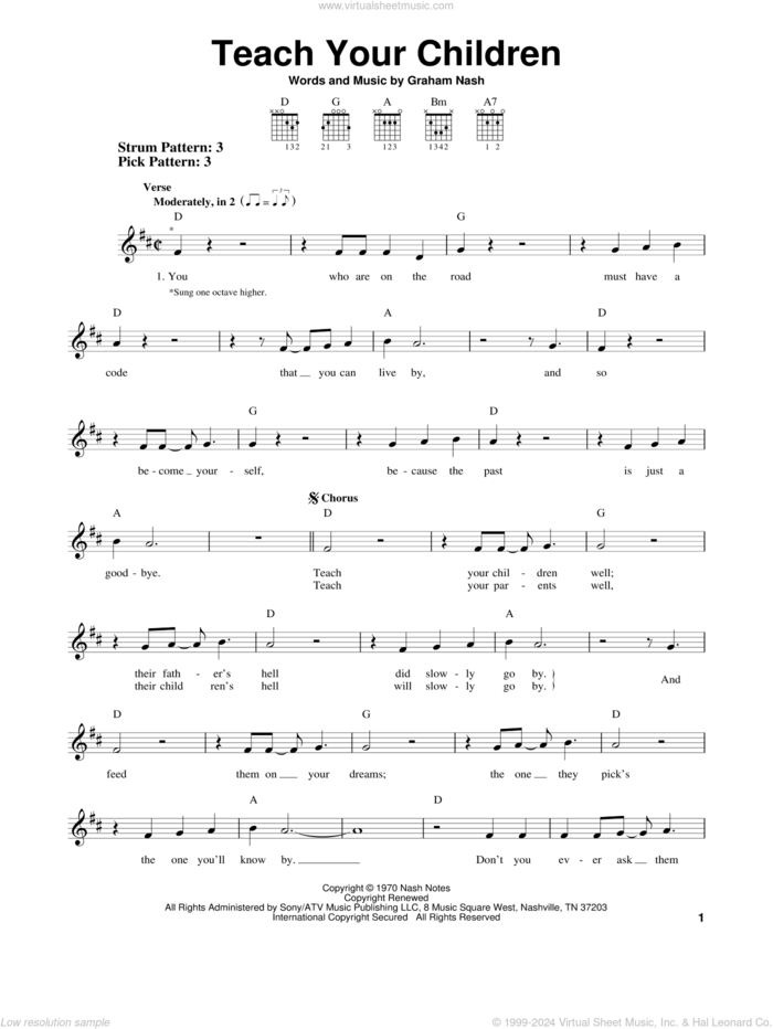 Teach Your Children sheet music for guitar solo (chords) by Crosby, Stills, Nash & Young and Graham Nash, easy guitar (chords)