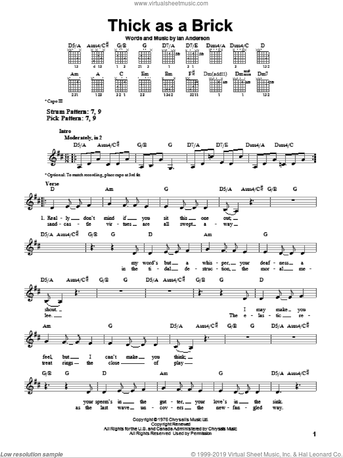 Thick As A Brick sheet music for guitar solo (chords) by Jethro Tull and Ian Anderson, easy guitar (chords)