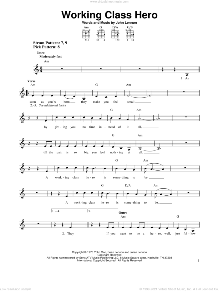 Working Class Hero sheet music for guitar solo (chords) by John Lennon, easy guitar (chords)