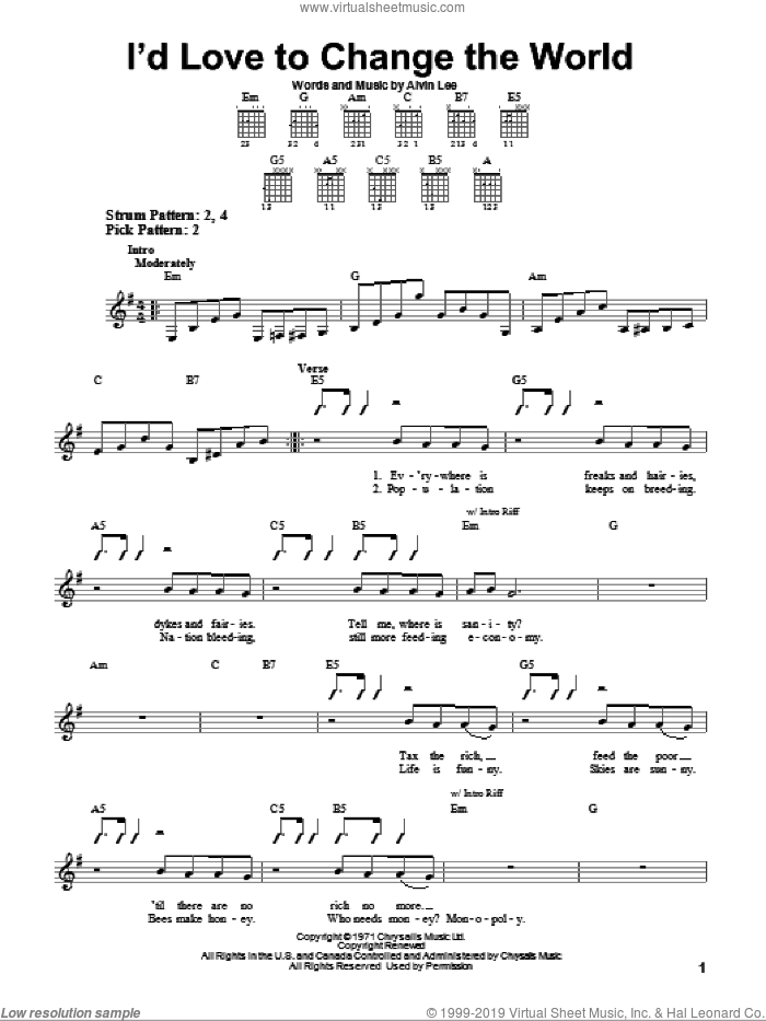 I'd Love To Change The World sheet music for guitar solo (chords) by Ten Years After and Alvin Lee, easy guitar (chords)