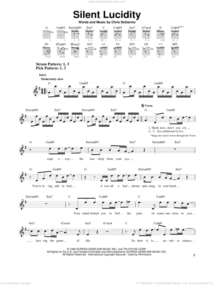 Silent Lucidity sheet music for guitar solo (chords) by Queensryche and Chris DeGarmo, easy guitar (chords)