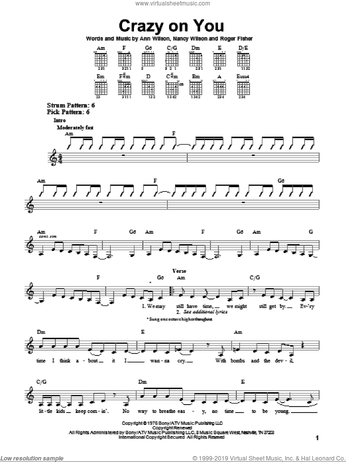 Crazy On You sheet music for guitar solo (chords) by Heart, Ann Wilson, Nancy Wilson and Roger Fisher, easy guitar (chords)