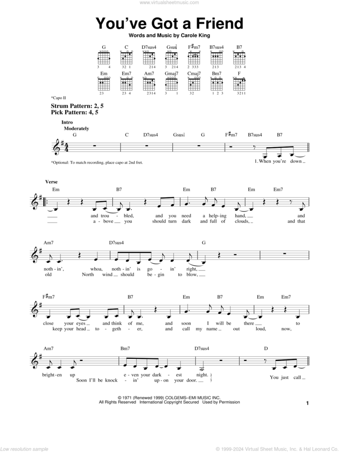 You've Got A Friend sheet music for guitar solo (chords) by James Taylor and Carole King, easy guitar (chords)