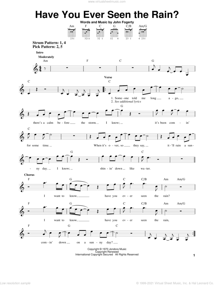 Have You Ever Seen The Rain? sheet music for guitar solo (chords) by Creedence Clearwater Revival and John Fogerty, easy guitar (chords)